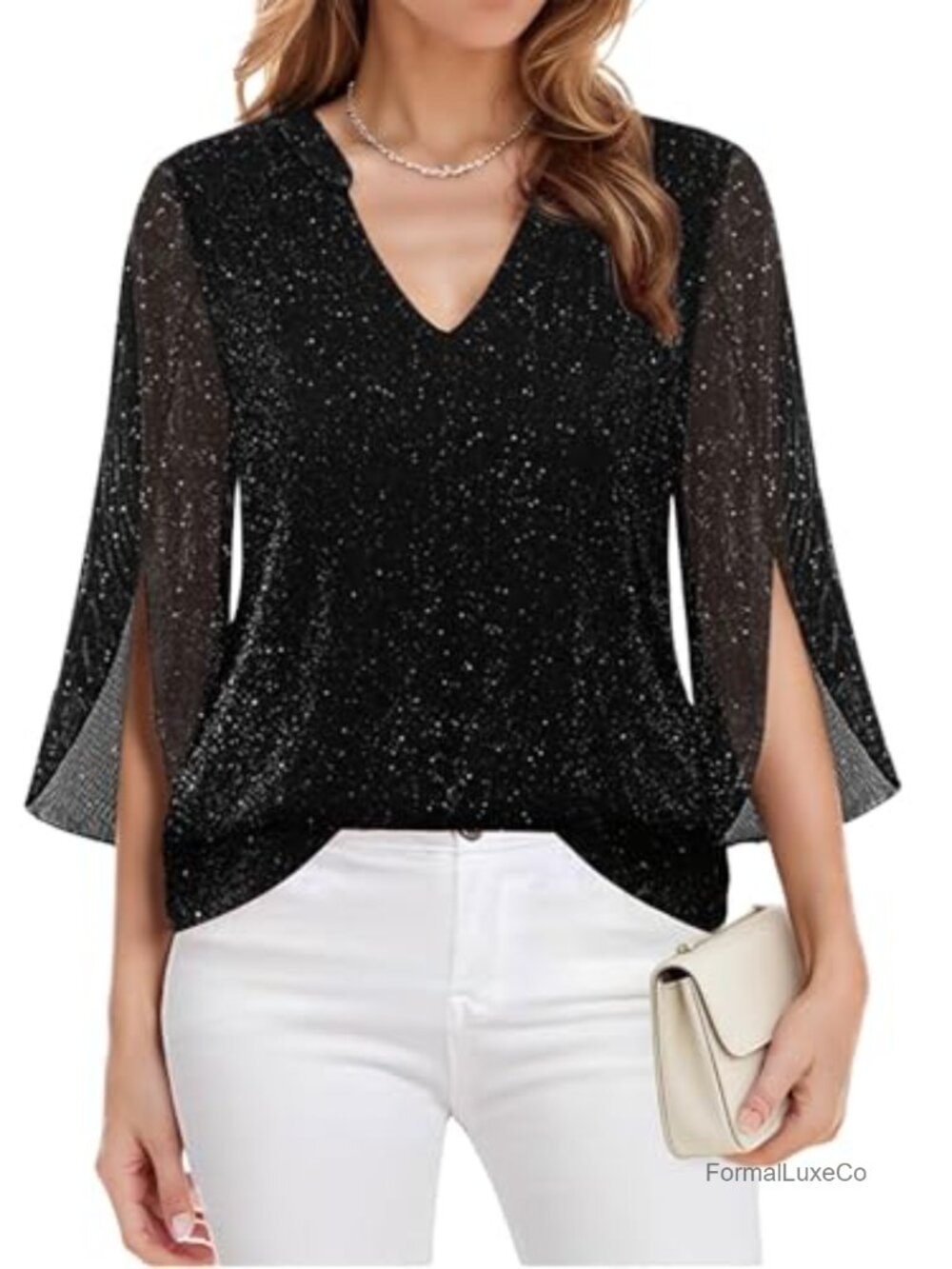 3/4 Sleeve Sparkly Tunic V-Neck Sequin Blouse Dressy Casual Loose Fit